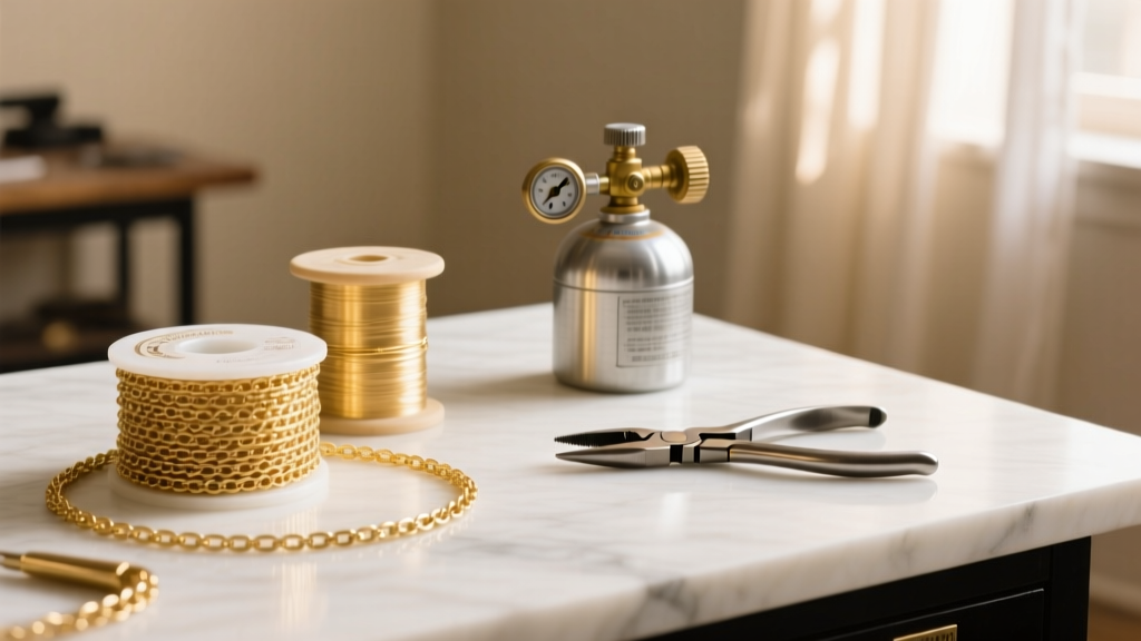 Jeweler workbench featuring spools of 14k gold-filled chain, flush cutters, chain nose pliers, and a small argon gas tank setup