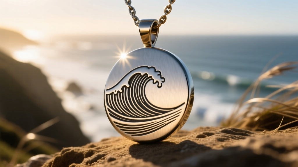 Macro shot of Grade 23 titanium Big Z pendant showing brushed finish and laser-engraved surf motif under harsh coastal sunlight.