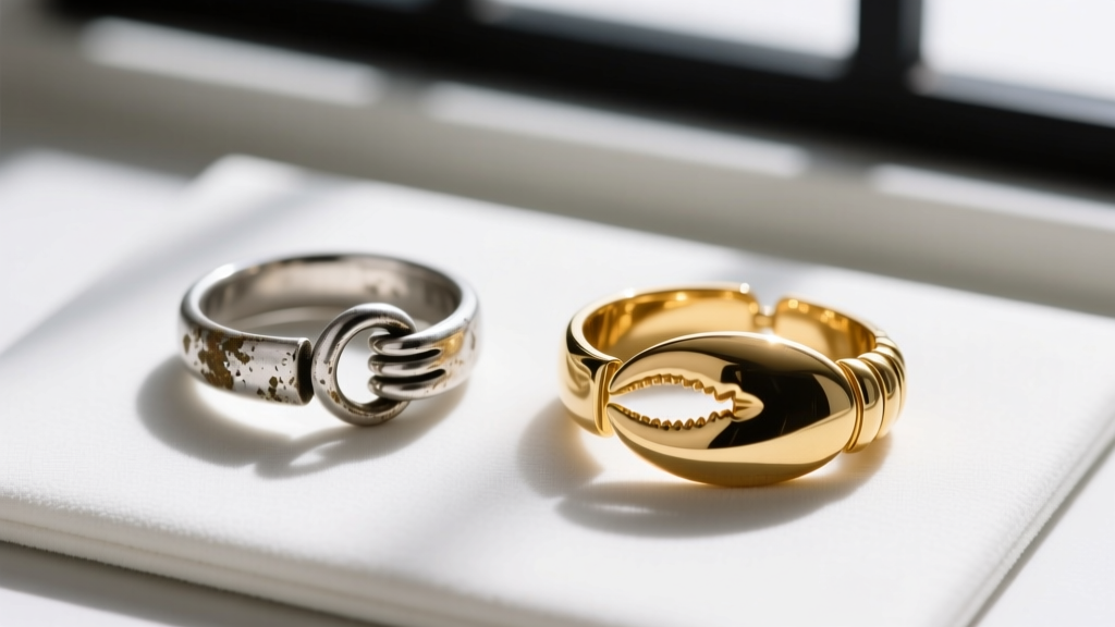 Macro shot of a tarnished silver spring ring clasp beside a polished 14k gold lobster clasp resting on a white jewelry display mat.