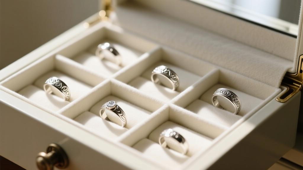 Close-up of a vanity drawer with anti-tarnish cloth lining, showing silver rings neatly arranged in individual square fabric slots.