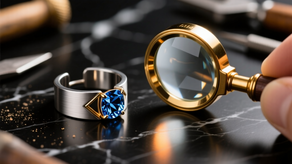 Close-up of a Princeton jeweler workbench with a 14-gauge titanium ear cuff and a loupe examining a VS1 sapphire under warm light.
