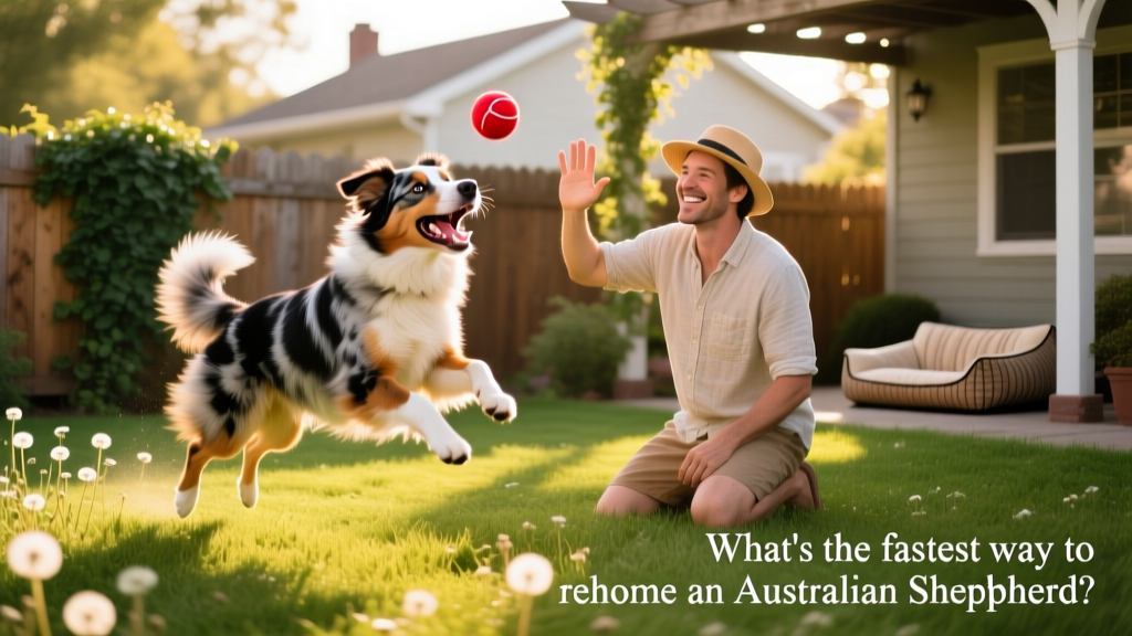 Australian Shepherd playing fetch in a sunny backyard with a smiling owner nearby
