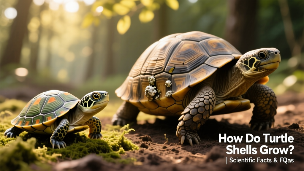 Side-by-side illustration showing a juvenile turtle with a smooth, patterned shell and an adult turtle with a larger, textured shell—highlighting natural growth progression