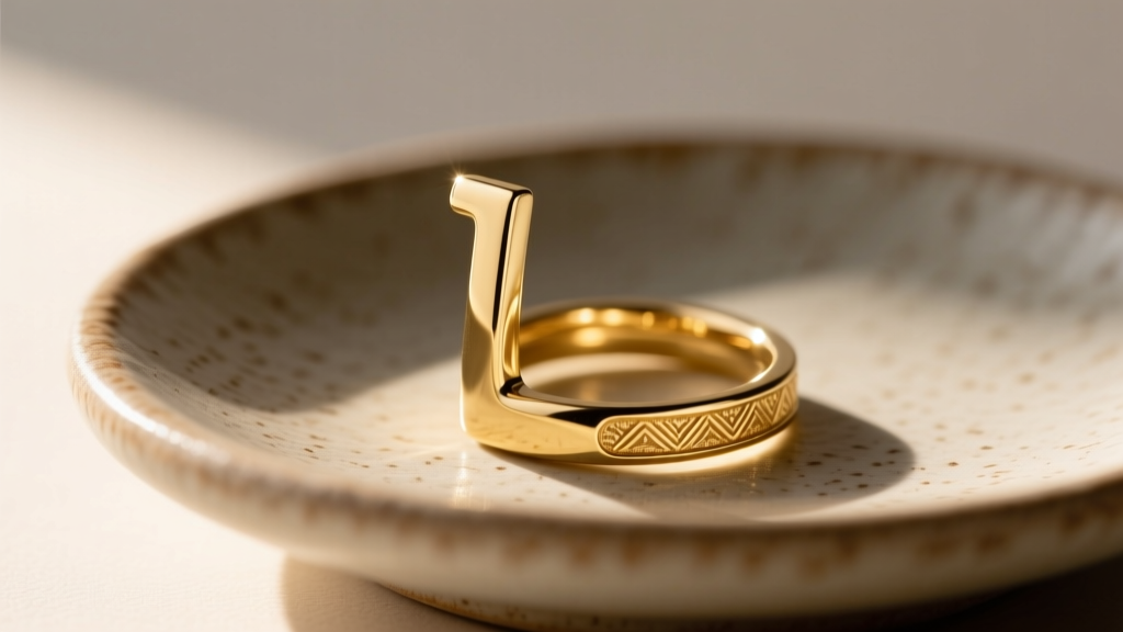 Close-up of a delicate 18-gauge 14k gold l shape nose jewelry piece resting on a textured ceramic dish with soft morning lighting.