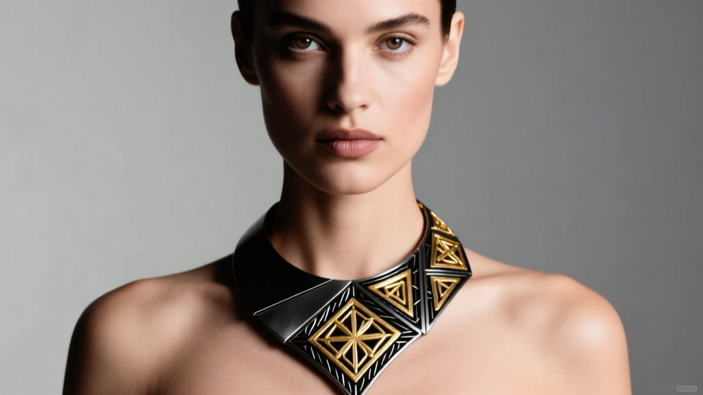 Model wearing an asymmetrical Spanish necklace with black Toledo damascene steel and 18k gold inlay, studio lighting