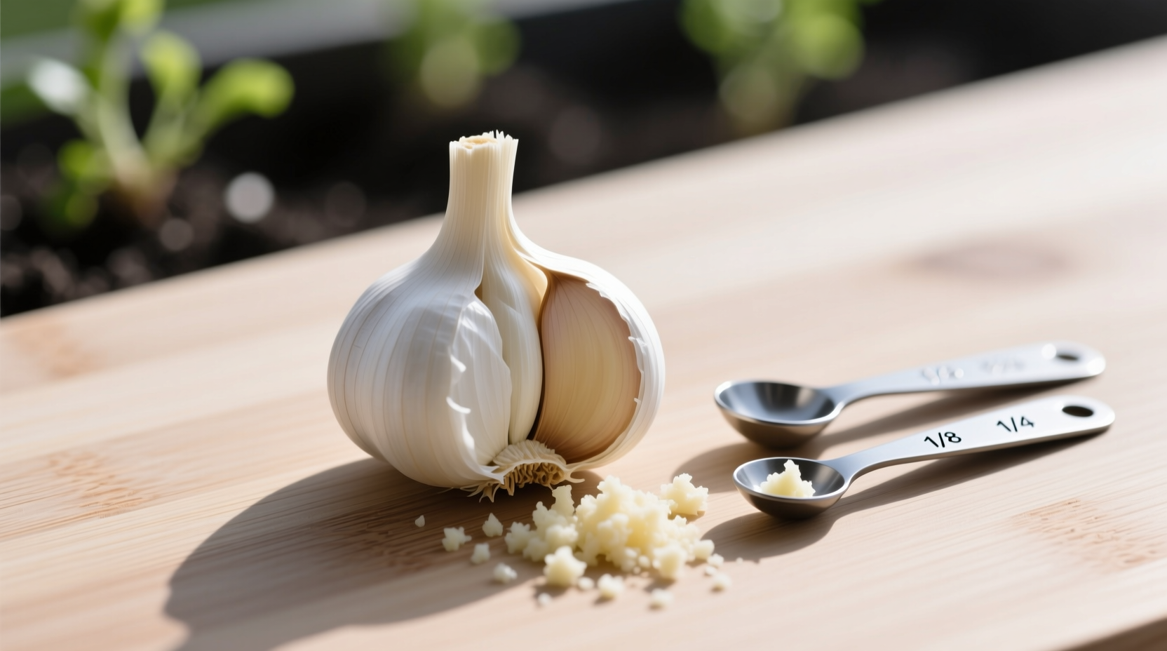 Seasonal cooking context: small vs large garlic cloves next to measuring spoons showing size impact during spring planting season
