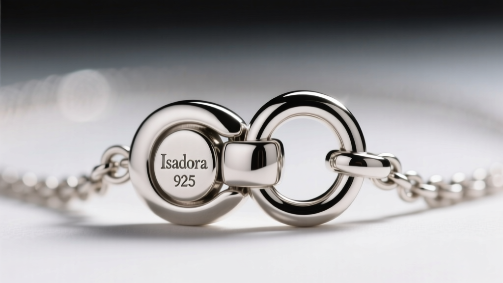 Macro shot of an Isadora necklace lobster clasp showing the 925 hallmark stamp and pristine rhodium-plated jump ring details
