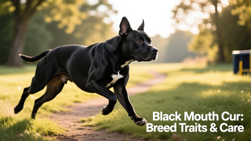 A black mouth cur mid-stride outdoors, highlighting its athletic build and alert expression during a training session