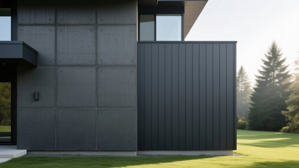 Split exterior facade showing dark gray architectural concrete siding panels on the left and charcoal vinyl clapboard on the right