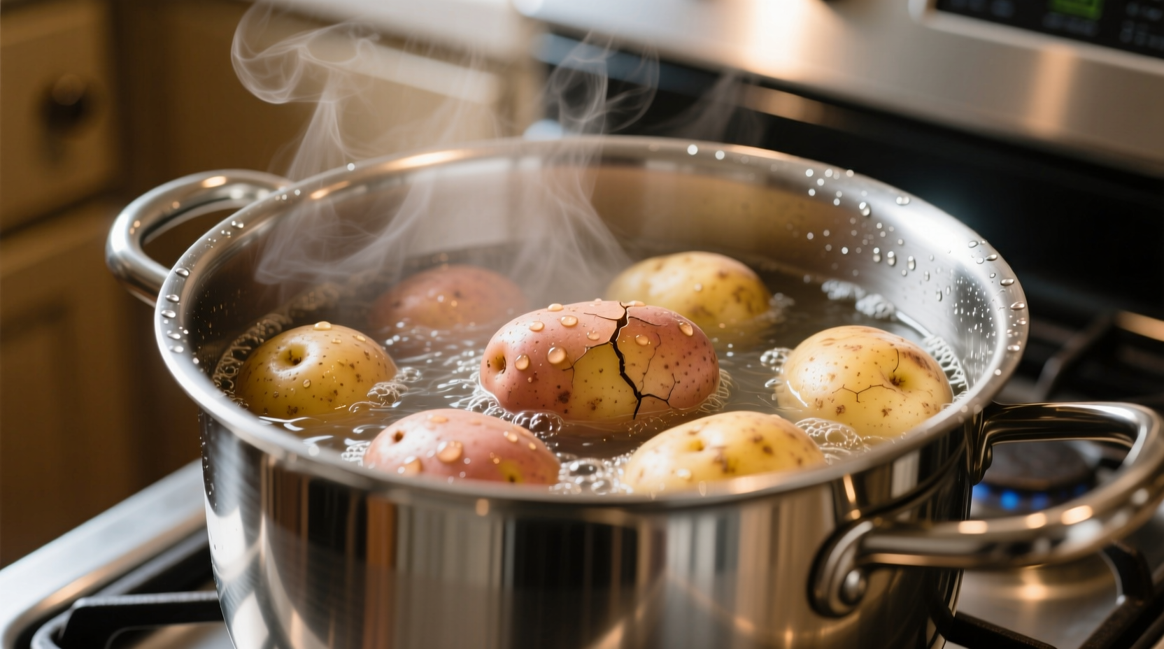 Potatoes boiling in a stainless steel pot