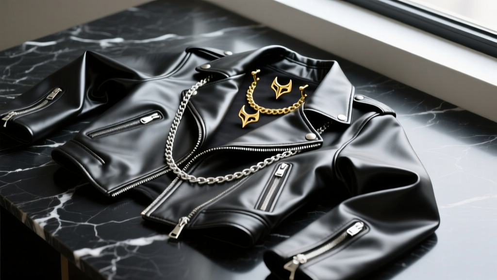 Flat lay of streetwear with a leather jacket, silver chains, and custom gold Potara cartilage ear cuffs on a dark marble surface
