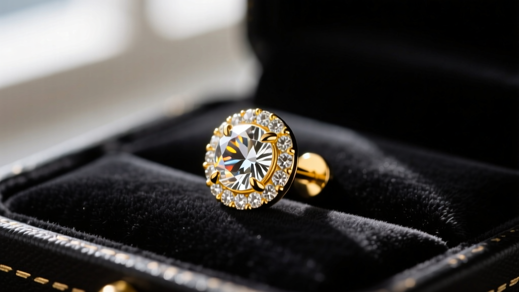 Close-up of a glowing 6mm bezel-set moissanite stud earring in 14k yellow gold resting on dark velvet jewelry display tray.