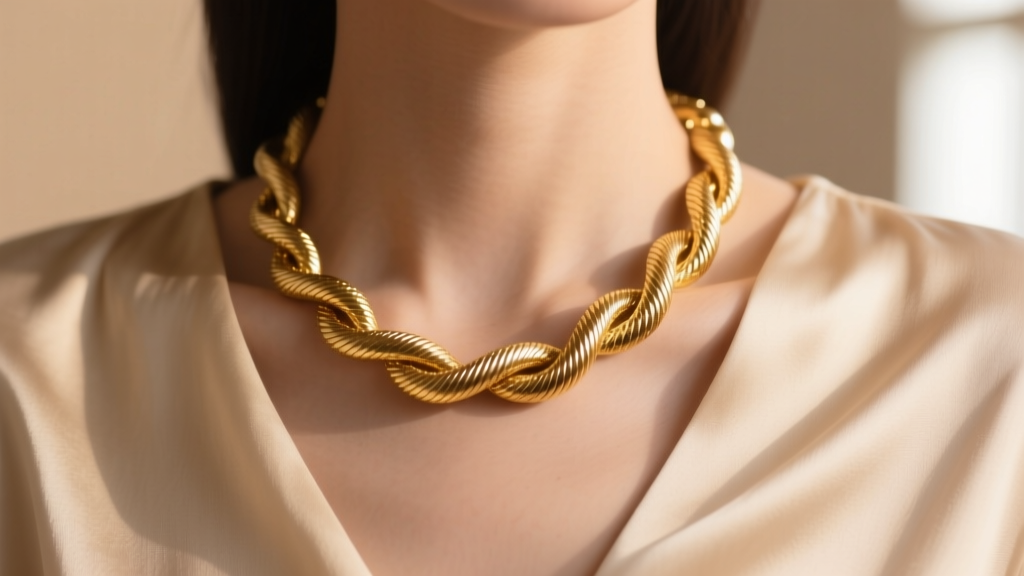 Close-up of a 14k gold serpentine bead necklace resting on a collarbone against a soft beige silk blouse in warm natural lighting
