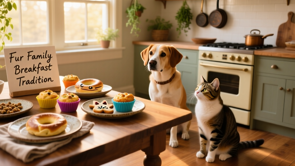 A festive kitchen scene with a dog and cat sitting beside a breakfast spread featuring mini frittata muffins and bagel-shaped cat treats