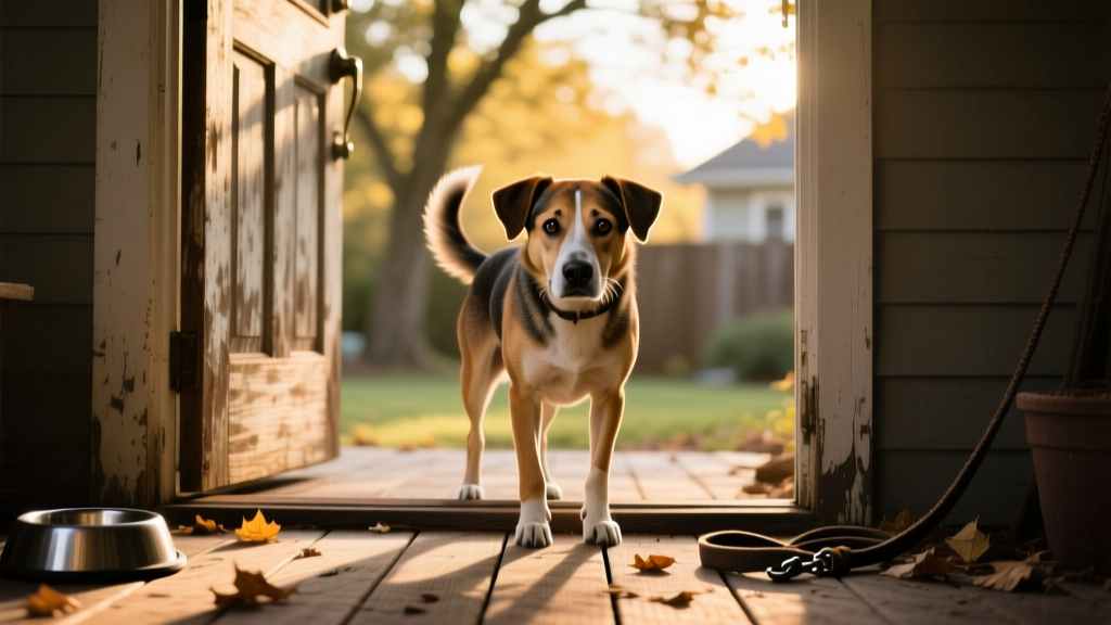 A dog hesitating at the back door, ears pinned back and body low to the ground