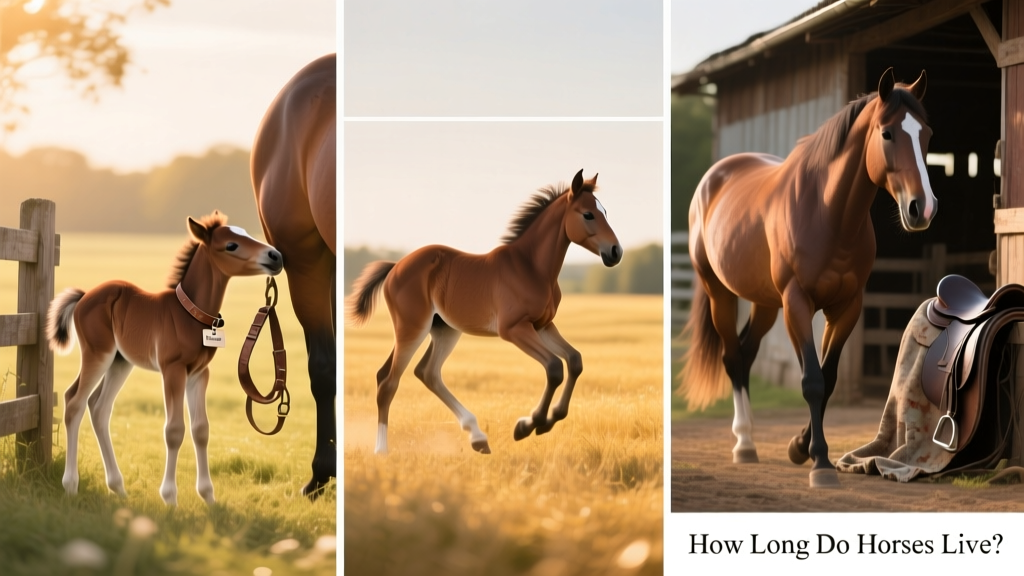 Side-by-side illustrations showing key developmental stages: newborn foal, weanling, yearling, and mature adult horse