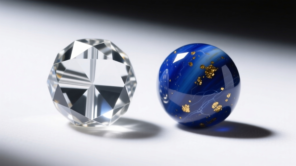 Macro shot comparing a faceted acrylic bead with a natural lapis lazuli bead, highlighting differences in luster and inclusions.