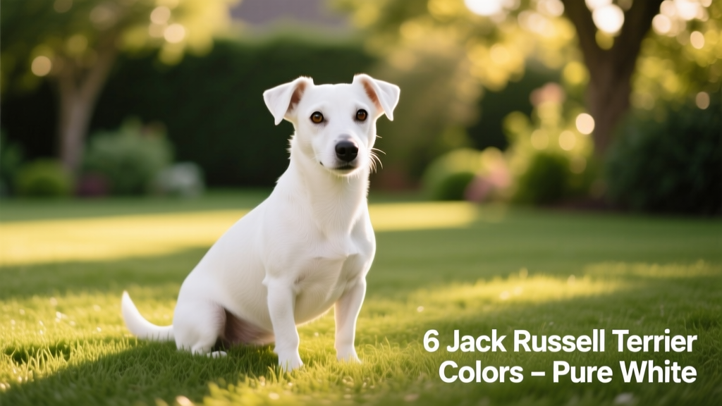 A pure white Jack Russell Terrier sitting calmly on a sunlit grassy lawn, with bright eyes and perked ears