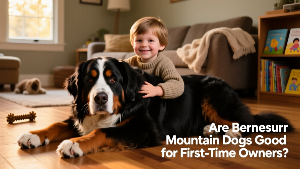 A Bernese Mountain Dog gently resting its head on a child's lap indoors