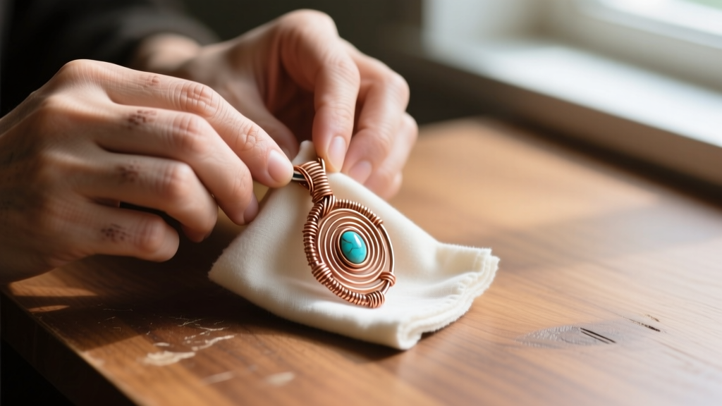 Close-up of hands gently polishing a handmade copper wire-wrapped pendant with a soft microfiber cloth on a wooden desk.