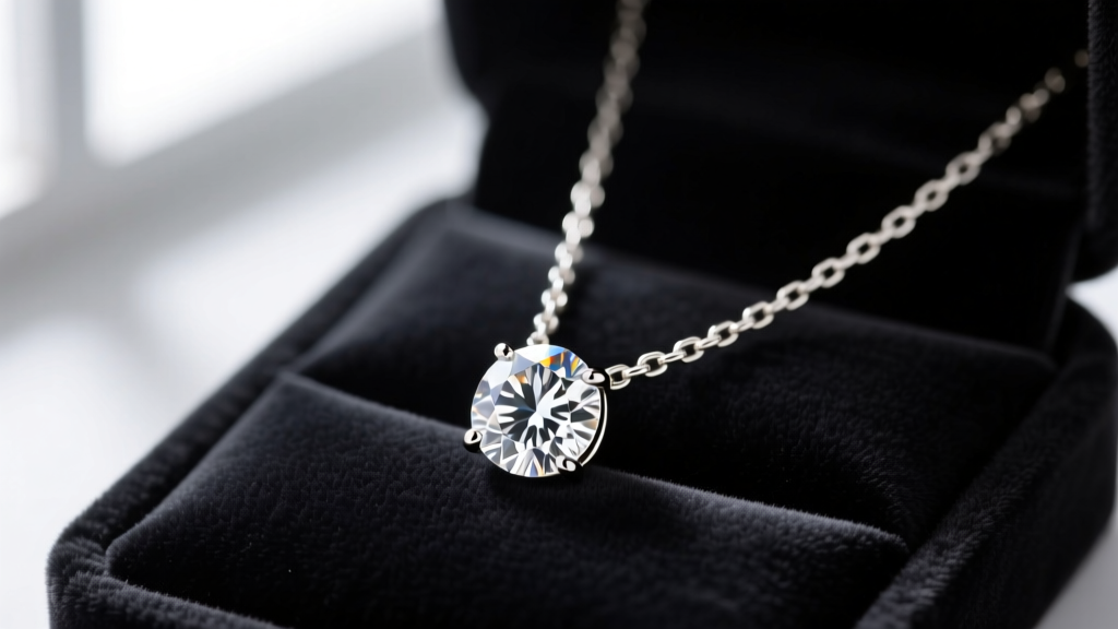 Close-up of a sparkling round diamond pendant on a delicate 14k white gold box chain resting on a dark velvet jewelry display pad.