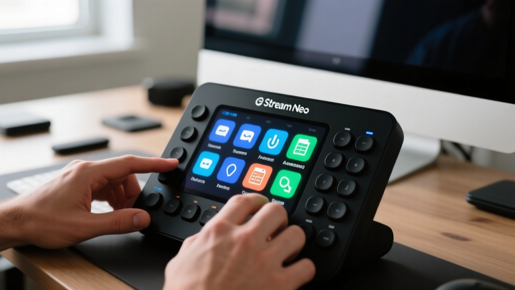 Hands programming macro shortcuts on Elgato Stream Deck Neo with custom LCD icons for Zoom muting and automated spreadsheet launching