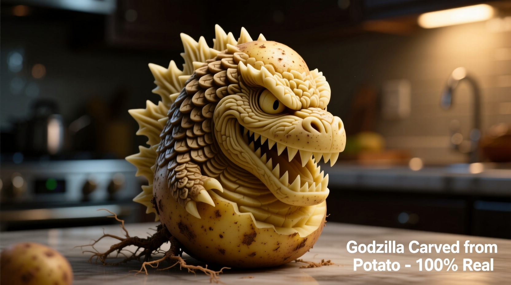 Photoshopped image showing potato carved to resemble Godzilla
