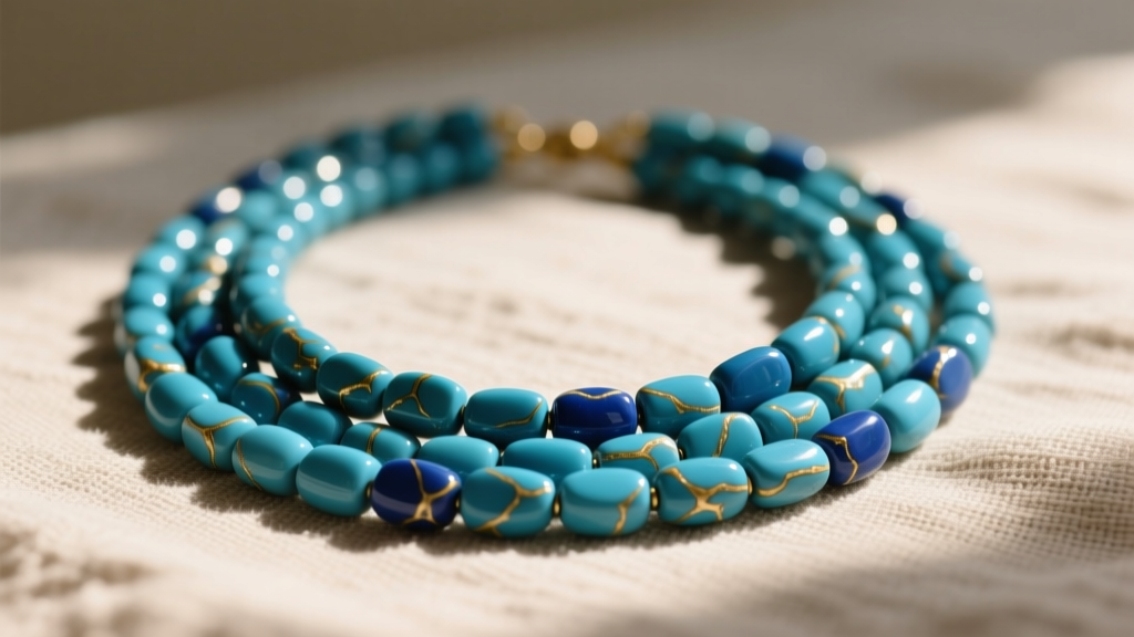 A striking multi-strand Santo Domingo turquoise heishi necklace resting on textured linen, illuminated by warm directional sunlight