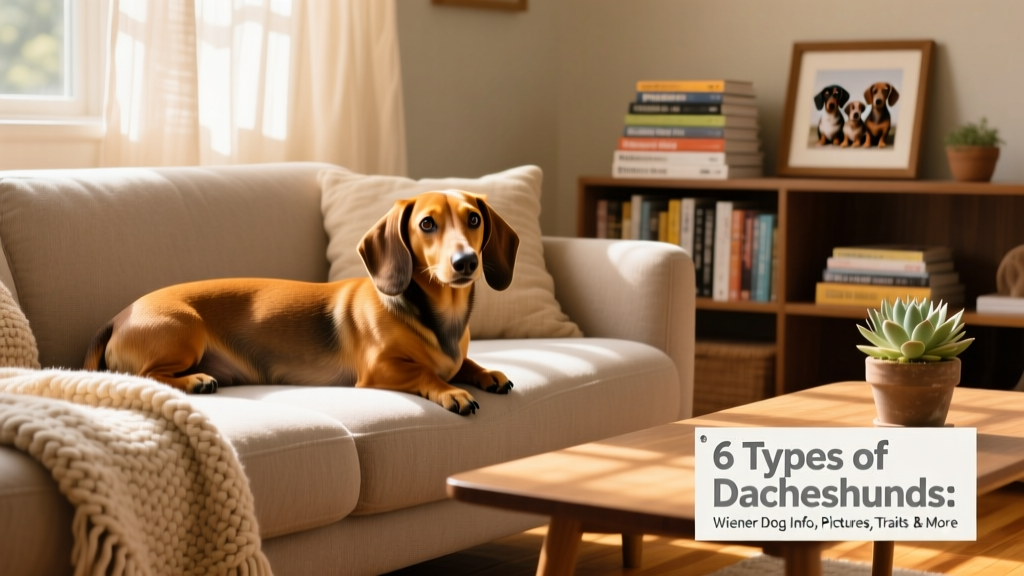 A friendly standard Dachshund sitting on a sunlit living room couch