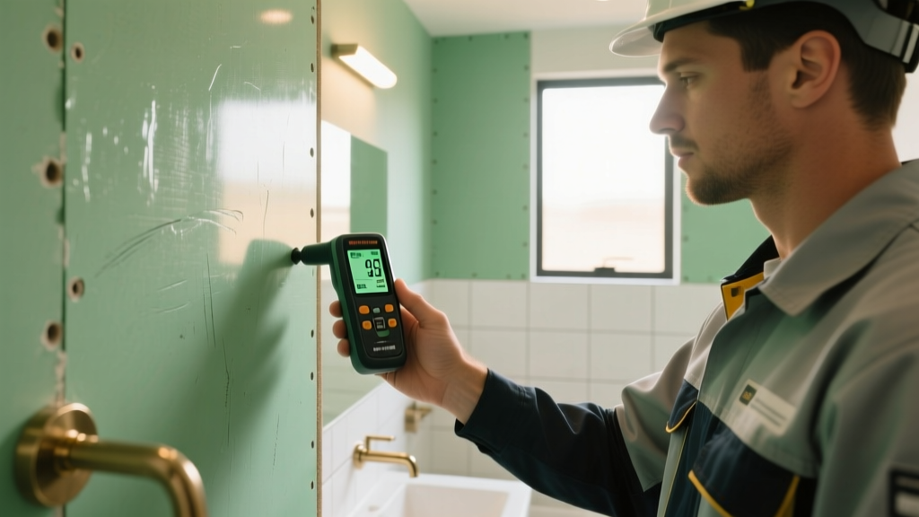 Worker using a digital pinless moisture meter on newly installed green moisture-resistant gypsum board in a commercial bathroom