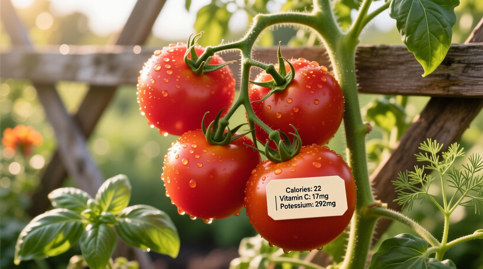 Ripe red tomatoes on vine with nutritional labels
