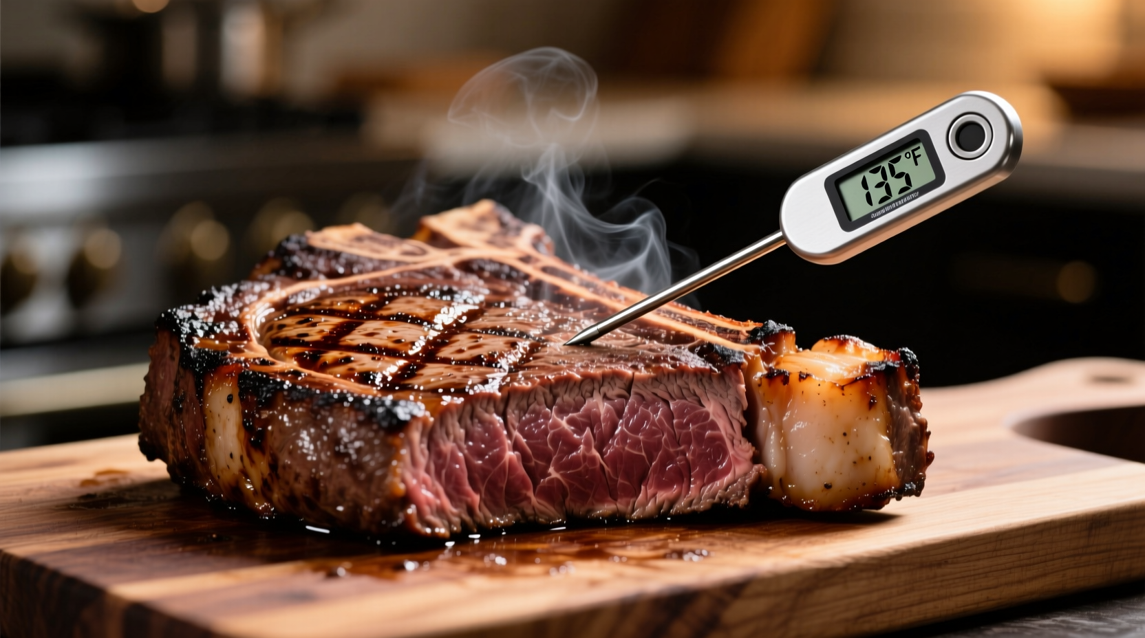 Juicy tomahawk steak with perfect char and meat thermometer