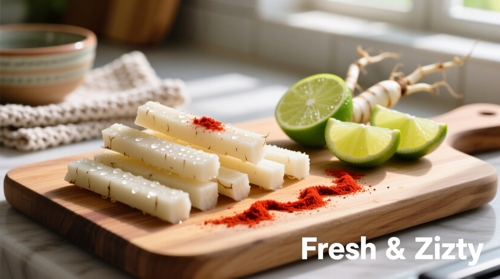 Freshly cut jicama sticks with lime wedges and chili powder