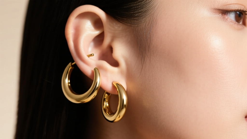 Close-up profile of an ear featuring a curated stack of three gold hoop earrings in descending sizes on the lobe and helix
