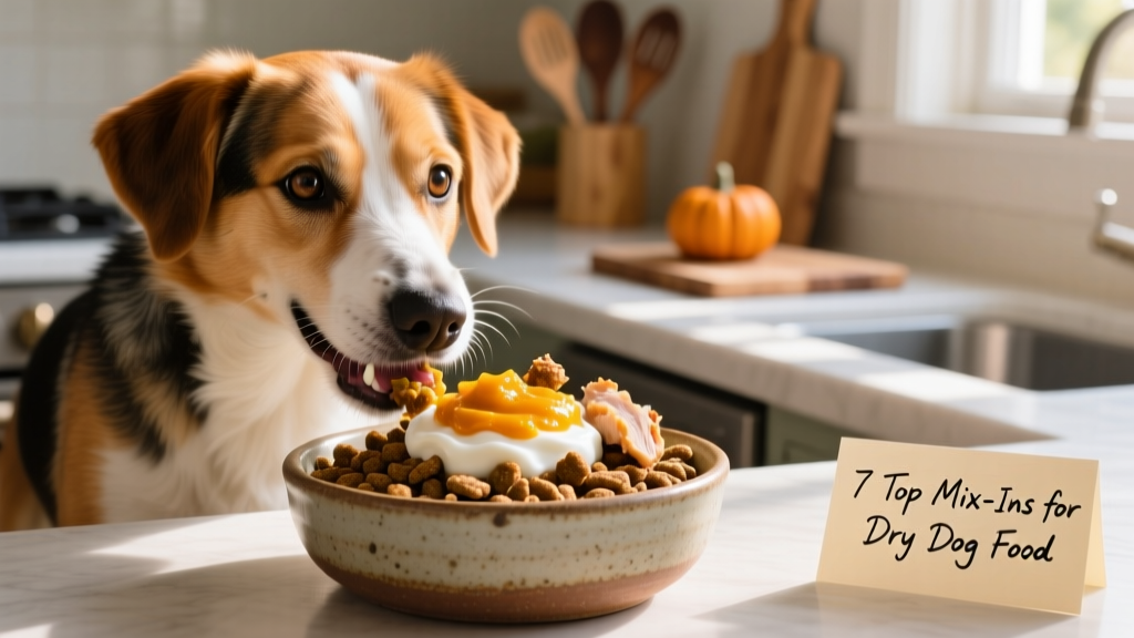 A happy medium-sized dog eating from a ceramic bowl filled with moistened kibble topped with pumpkin, yogurt, and freeze-dried chicken