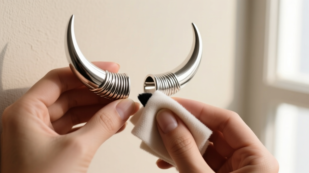 Hands using a microfiber cloth and polish to clean a sterling silver bull horn ear cuff, revealing the bright untarnished metal.