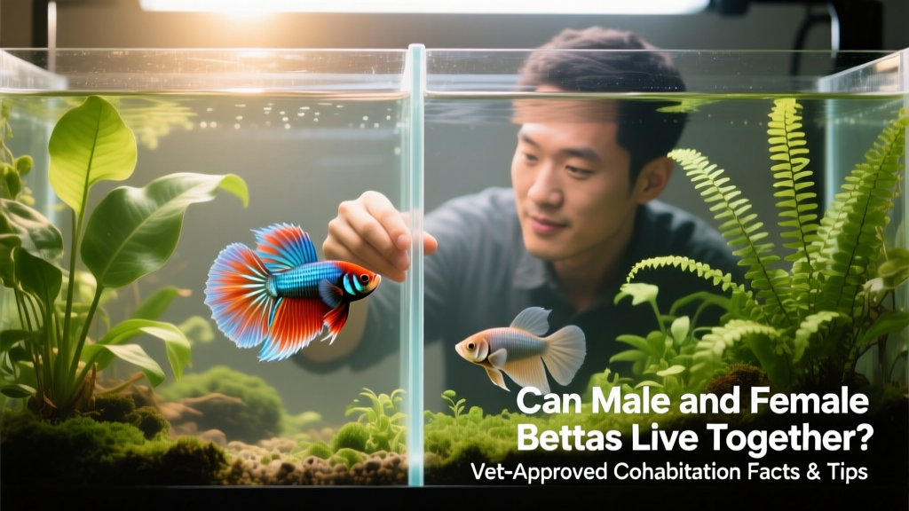 A breeder using a clear plastic divider to separate a male and female betta in a single tank, with live plants on both sides