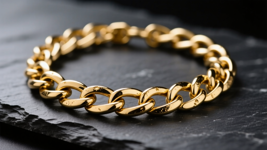 Close-up of a trendy chunky gold-plated Zamak chain necklace resting on dark slate, showing slight wear on the interlocking links.