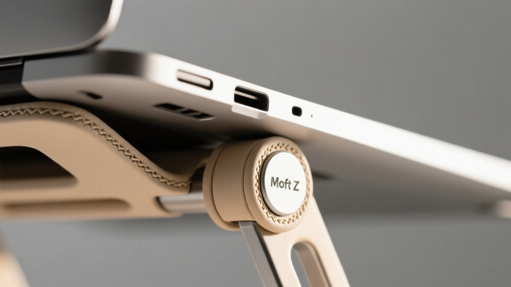 Close-up of a Moft Z sit-stand laptop stand hinge showing micro-creases in the polyurethane material after six months of daily folding and unfolding
