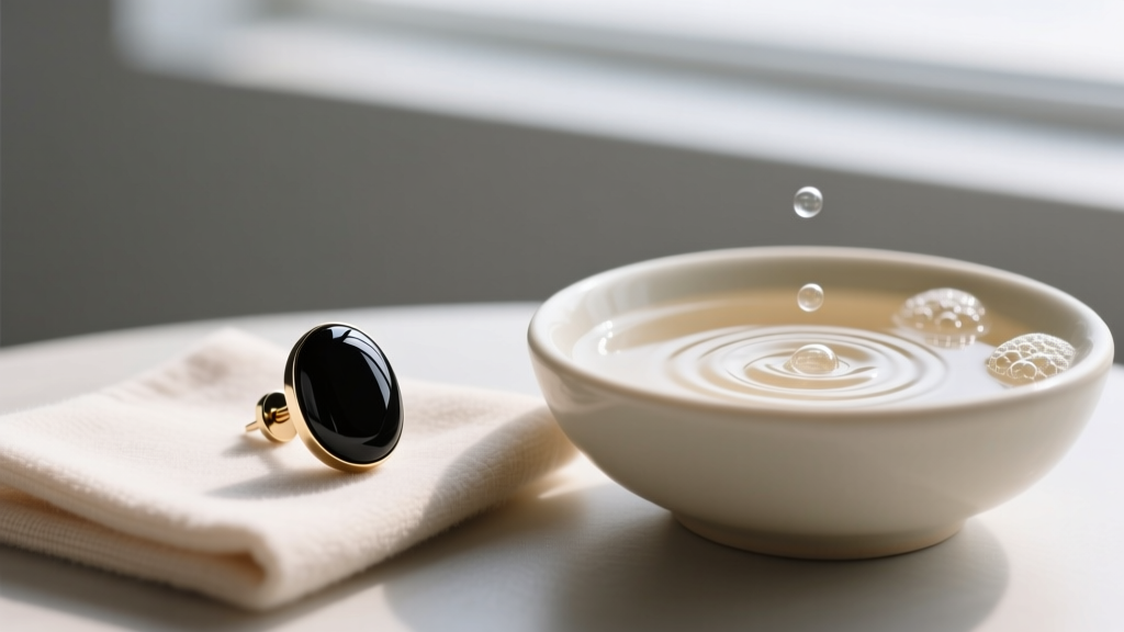 Black onyx cabochon stud earring on a microfiber cloth next to a ceramic bowl of warm soapy water for gentle jewelry cleaning
