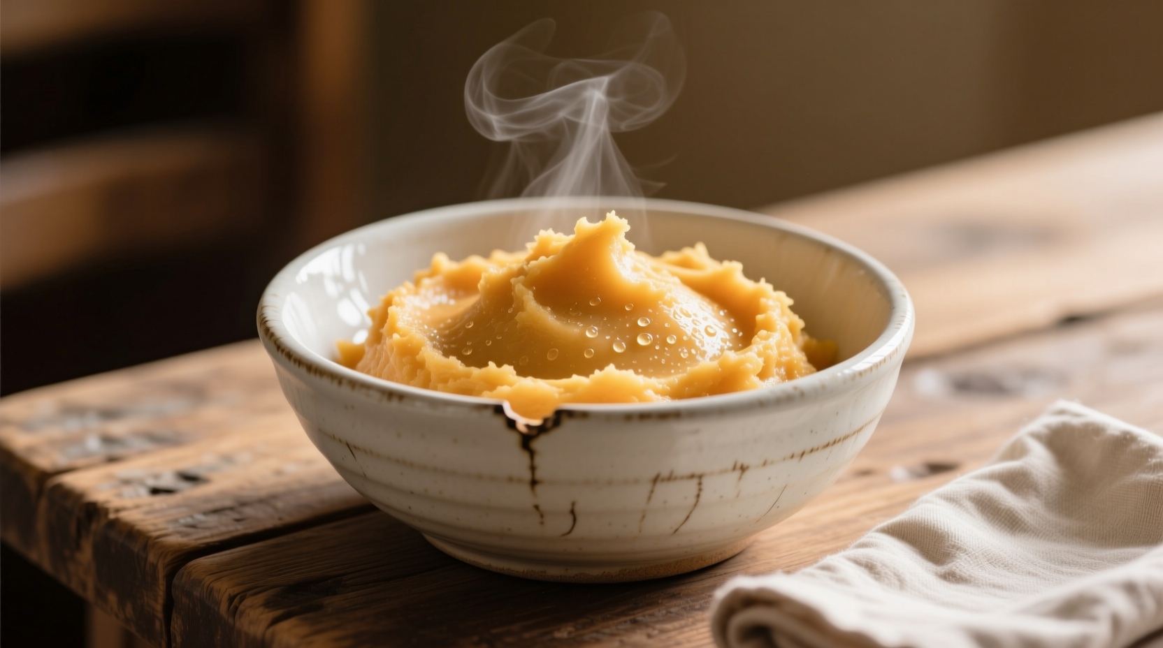 Creamy golden sweet potato mash in white ceramic bowl