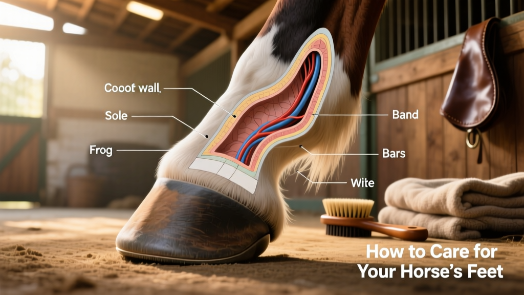 cross-section diagram of a horse's hoof showing the hoof wall, coronary band, sole, frog, bars, heel bulbs, and white line