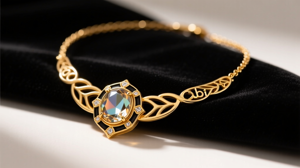 Gold-plated Cabi heritage necklace on dark velvet, showing enamel details and a glass cabochon under warm studio lighting.