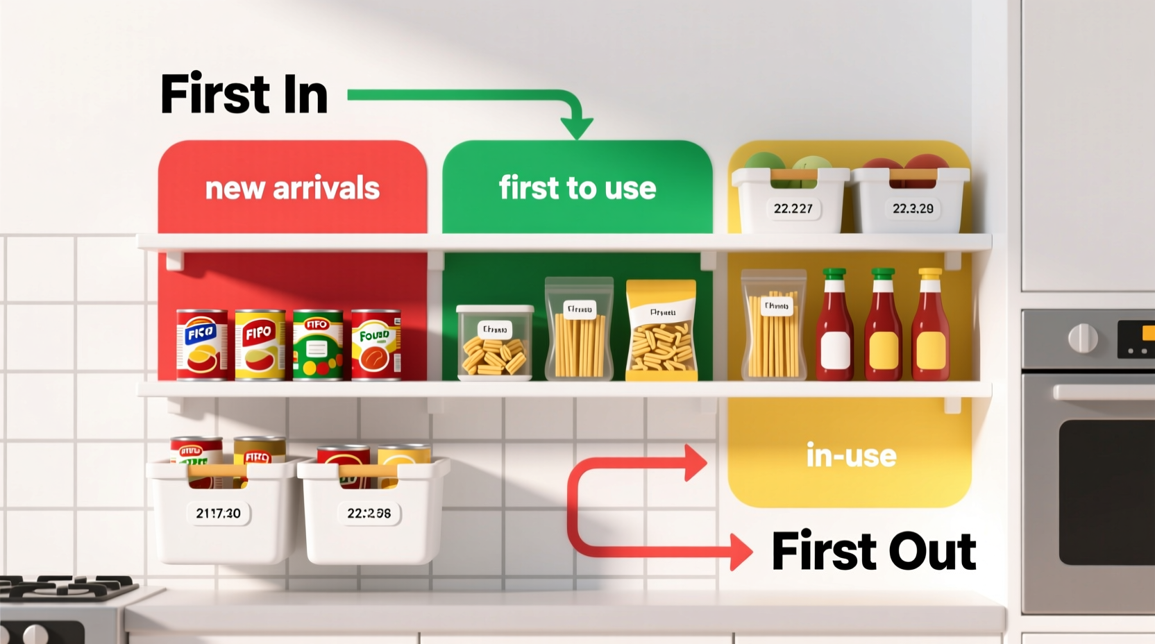 FIFO food rotation diagram showing proper placement