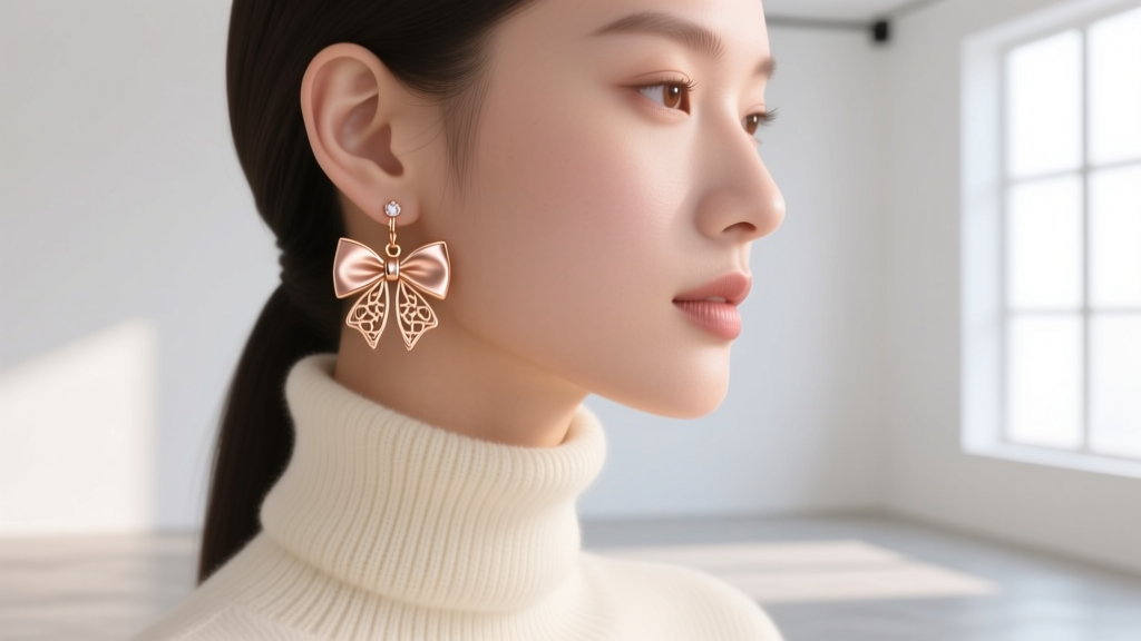 Drop 14k rose gold bow earrings dangling from an earlobe, paired with a cream turtleneck, shot in a bright modern studio setting.