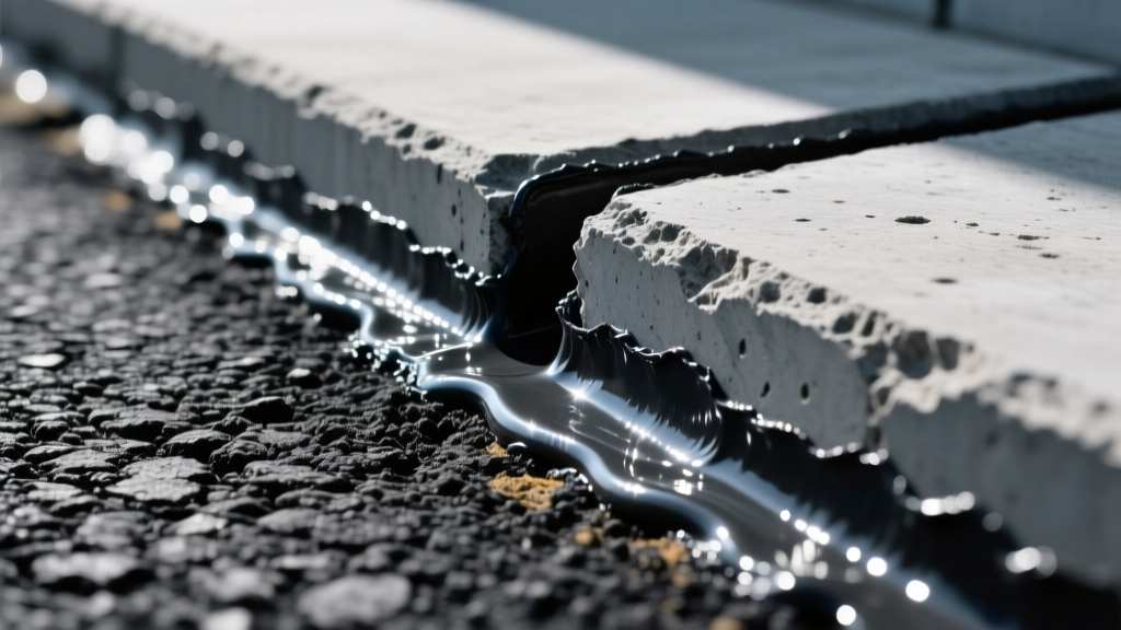 Close-up of dark asphalt-impregnated expansion joint separating two gray exterior concrete slabs with fresh polyurethane sealant