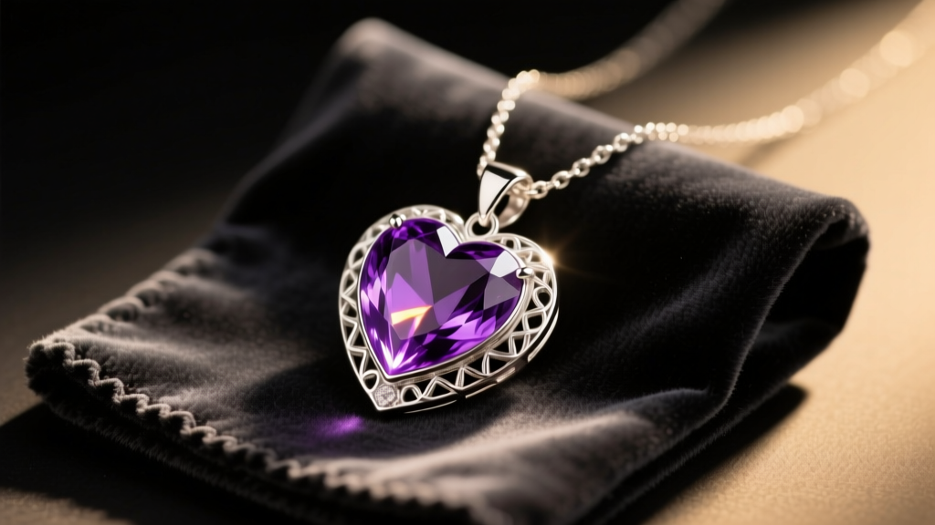 Sterling silver heart-shaped amethyst pendant necklace resting on a dark velvet cleaning cloth under soft, warm studio lighting