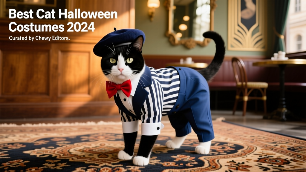 A black-and-white tuxedo cat wearing the Frisco French Artist costume—striped shirt, blue slacks, red neckerchief, and beret—posing confidently on a vintage-style rug