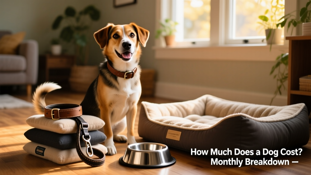 A joyful mixed-breed dog sitting beside a stack of essential supplies: collar, leash, food bowl, and a cozy bed