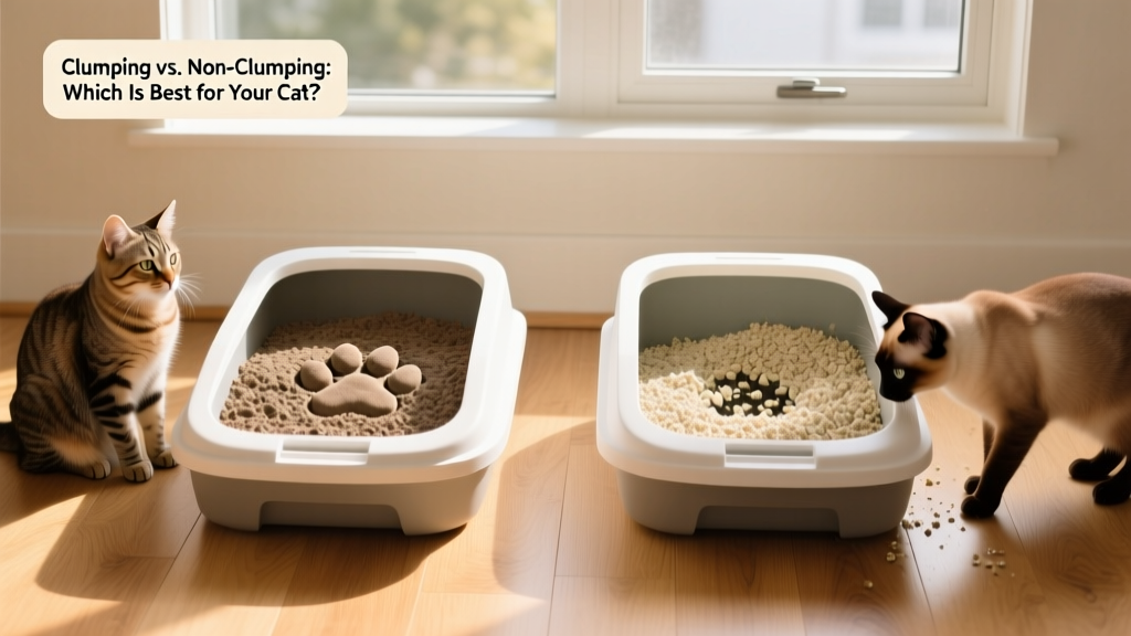 Side-by-side comparison of clumping and non-clumping litter in clean, modern litter boxes